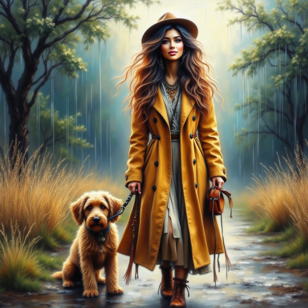 Woman and Dog Walk on Stormy Day in Serene Landscape