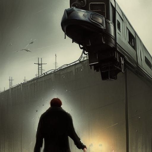 Sinister Train Wreck in Dark Fantasy Style