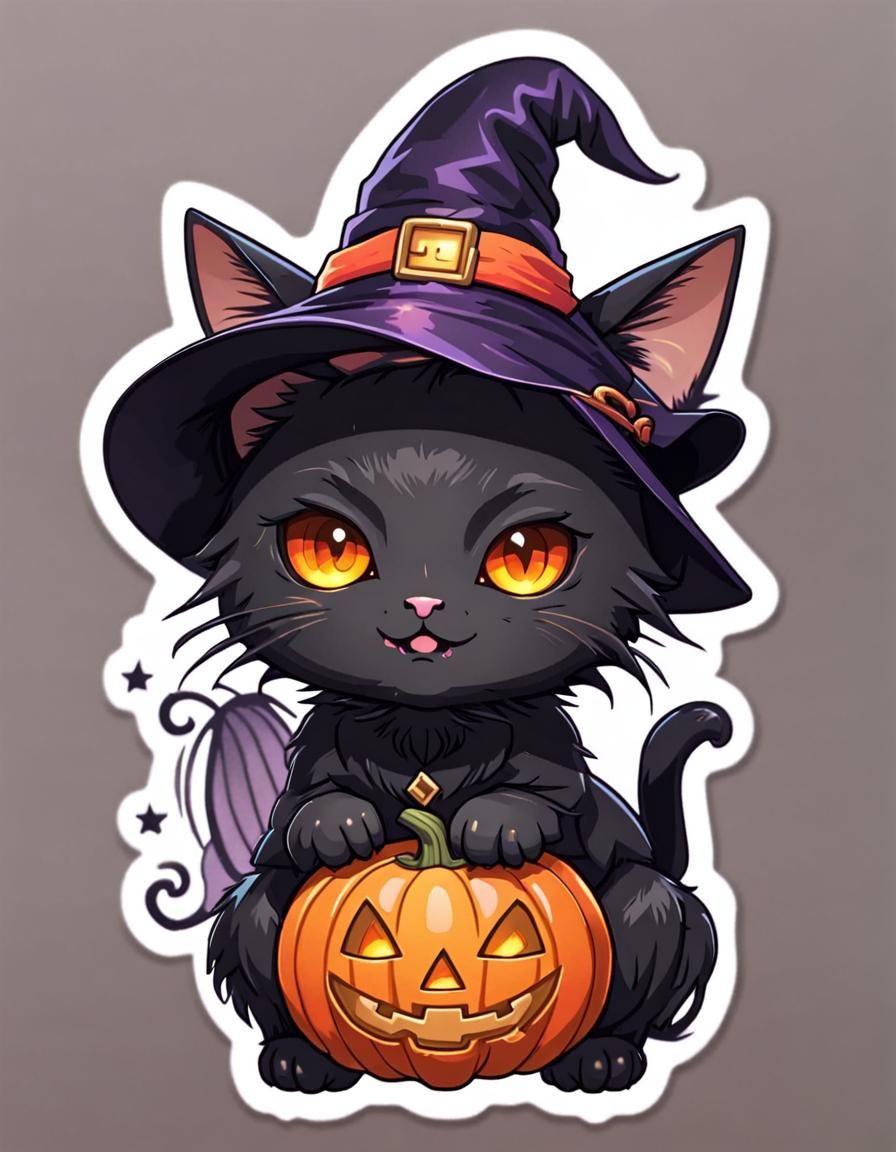 Cute Chibi Black Cat in Jack-o'-Lantern Sticker