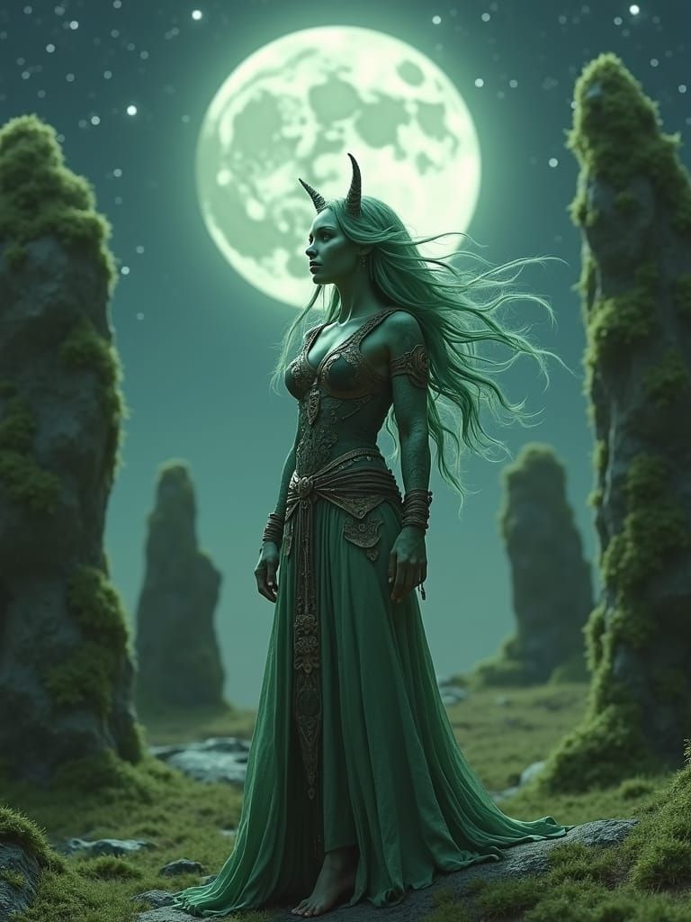 Ethereal Half-Orc Druid in Mystical Stone Henge