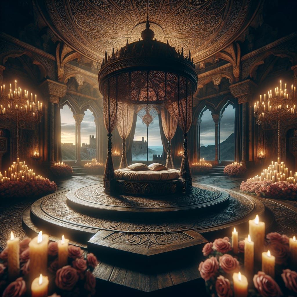 Opulent Medieval Chamber with Roses at Night