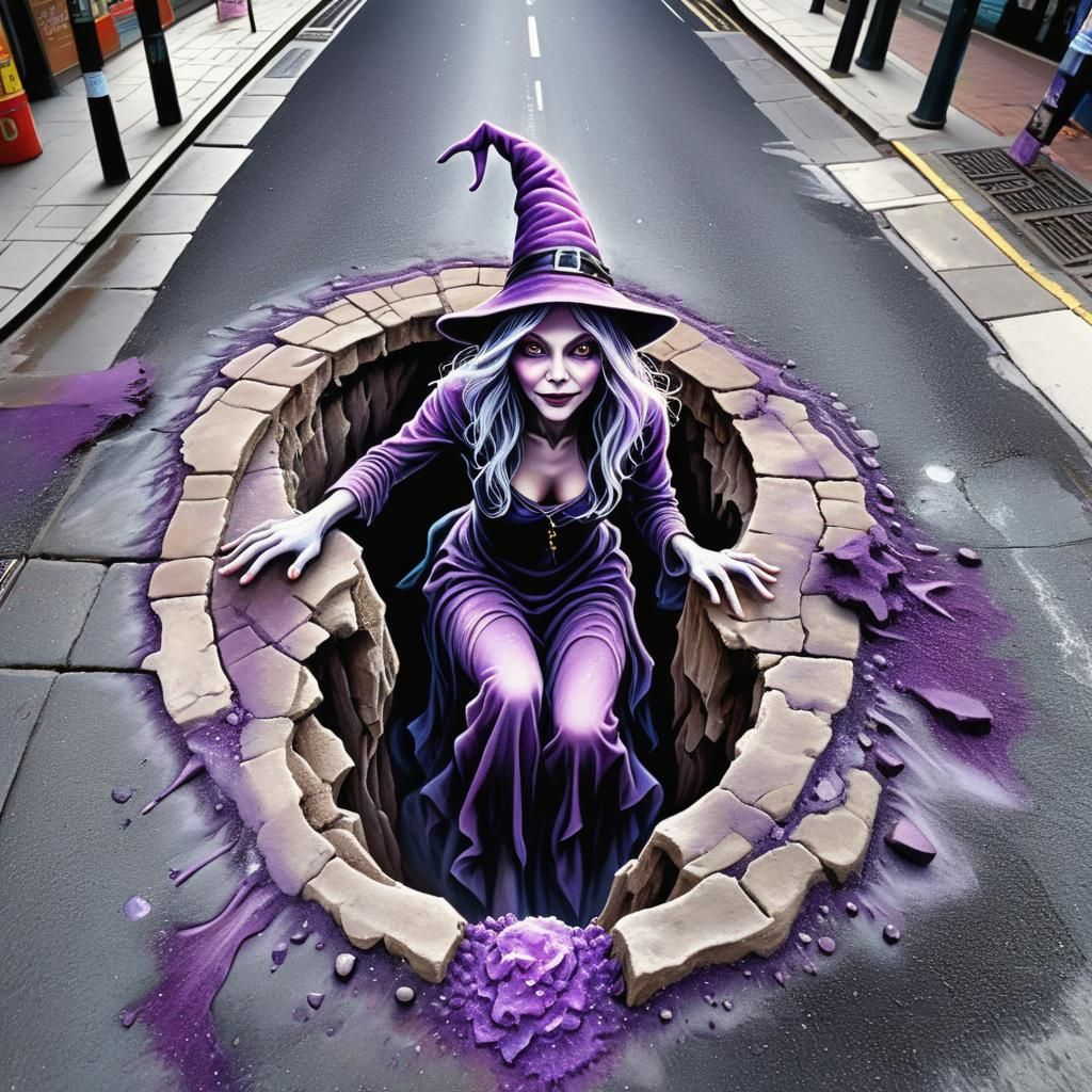 Purple Snow Witch Climbs from Street Hole: 3D Chalk Art