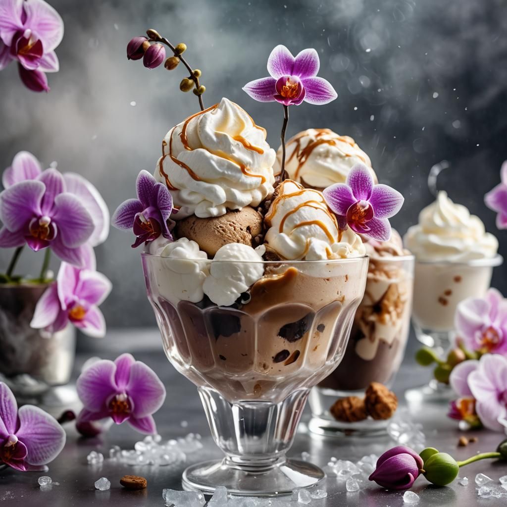 Coffee Ice Cream with Orchids: Hyper-Realistic Digital Art