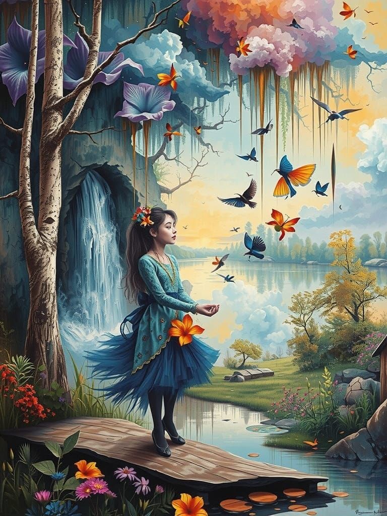 A surreal image of a woman standing on a bridge beside a wat...