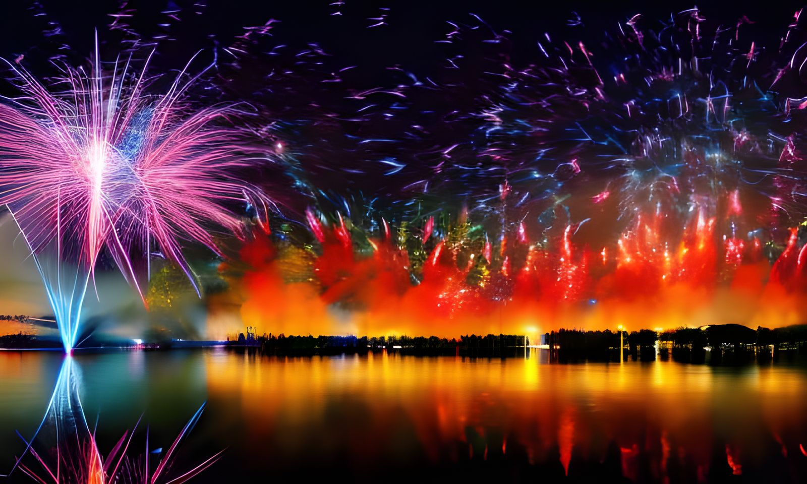 Spectacular Fireworks Display Over Still Lake at Night