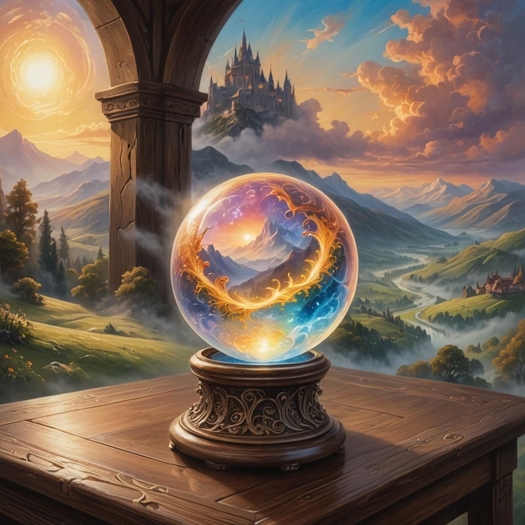 Glowing Orb Over Desk in Ethereal Fantasy Landscape
