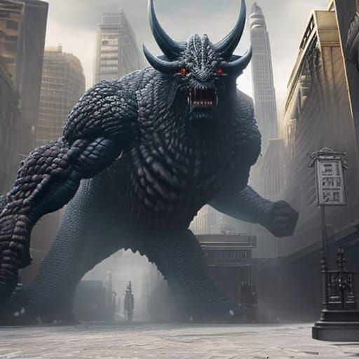Giant Monster Attack in Dystopian Cityscape