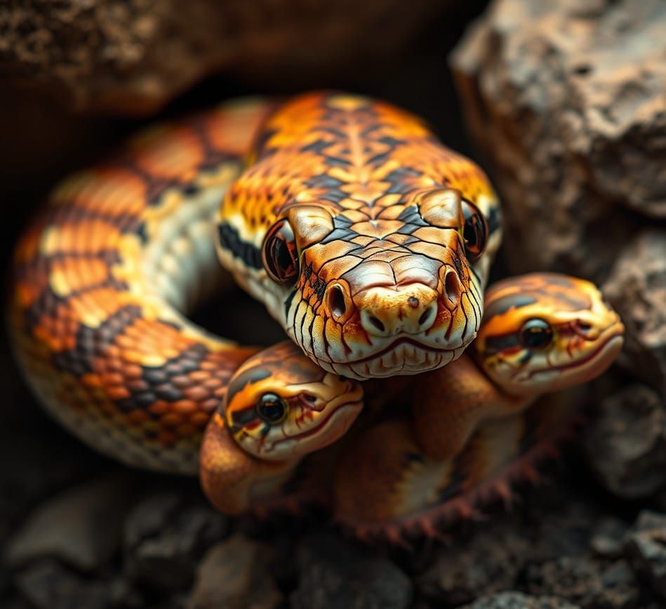 Diamondback Rattler Mother and Babies: Hyperrealistic Portra...