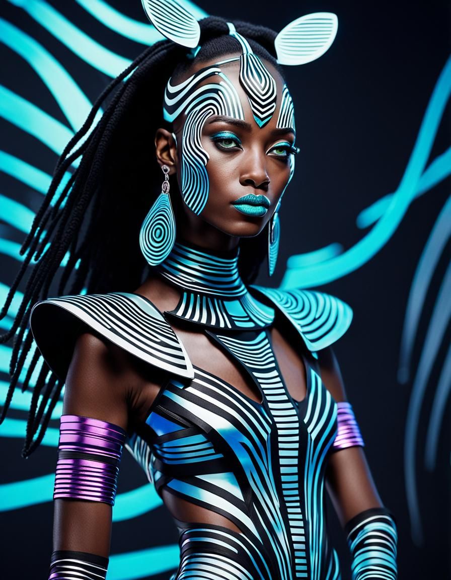 Futuristic Zebra Woman in Tribal Neon Fashion