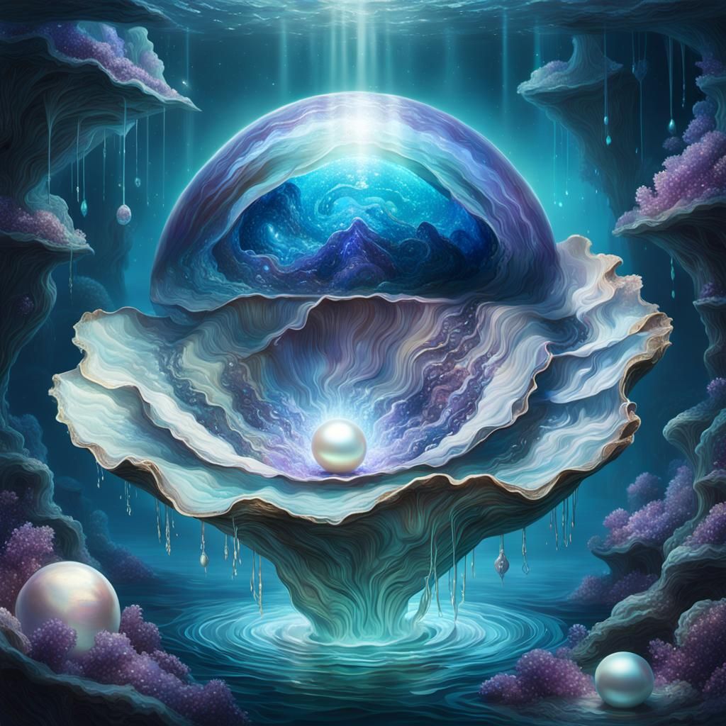 Bioluminescent Pearl Globe Inside Giant Oyster Shell
