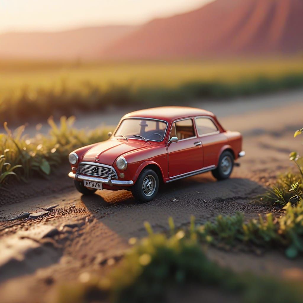 Tilt-Shift Red Car in Miniature Landscape