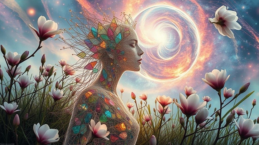 Ephemeral Eco-Art Portrait with Flowers and Strings