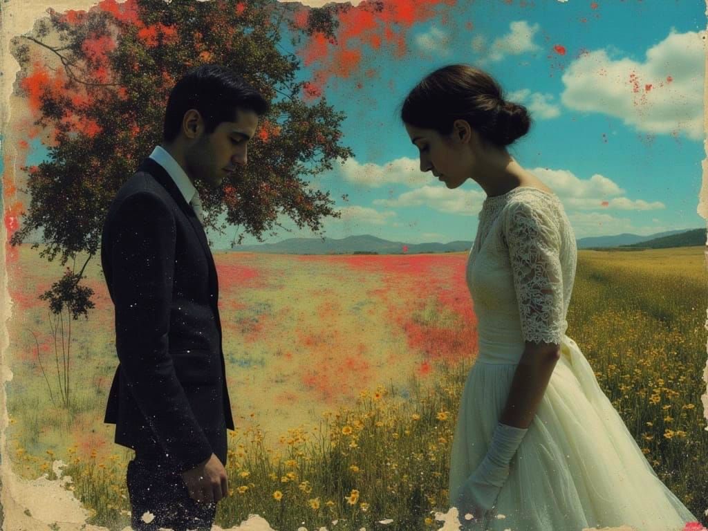 Ethereal Double Exposure of Bride and Groom in Vibrant Wildf...