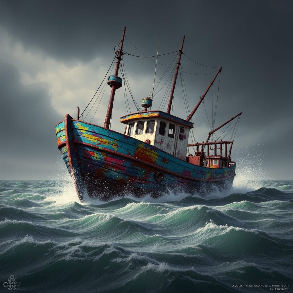 Fishing Trawler in Graffiti Art Style on Choppy Seas
