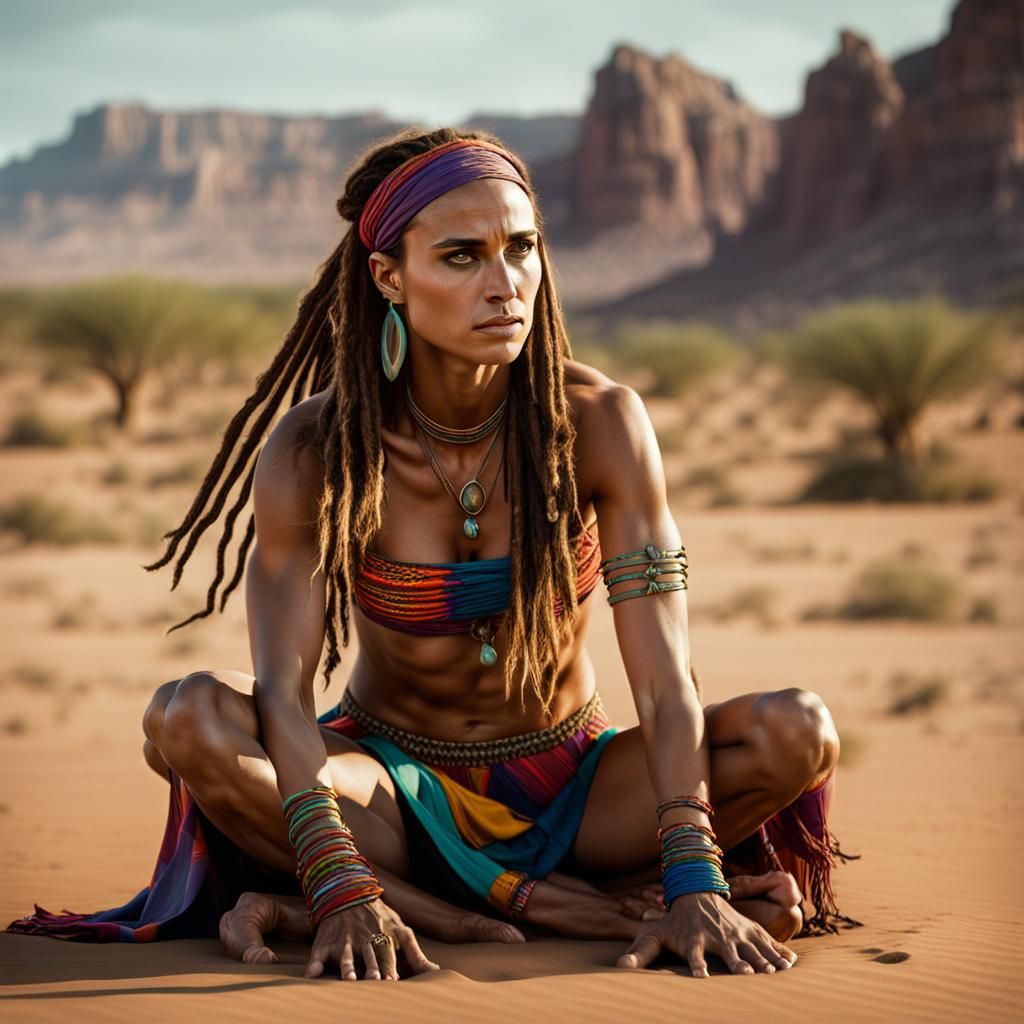 Photorealistic Woman with Dreadlocks in Desert Landscape