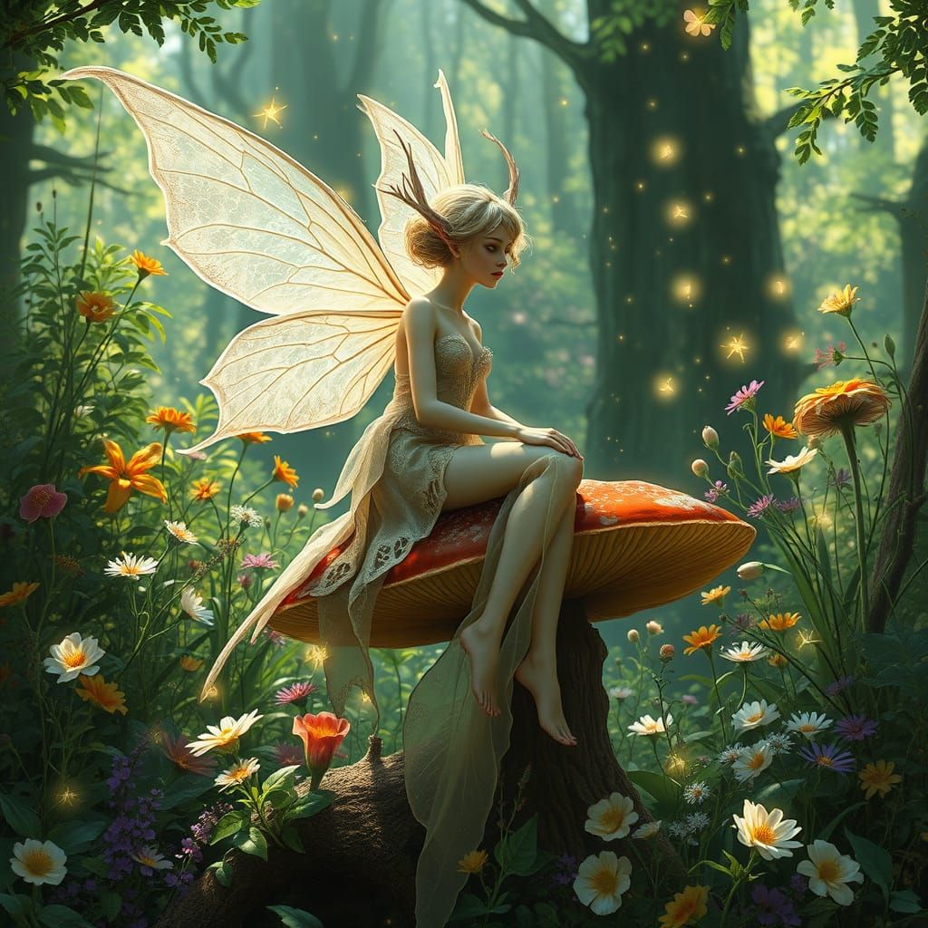 Whimsical Forest Sprite in Iridescent Gown, Set in a Sunlit ...