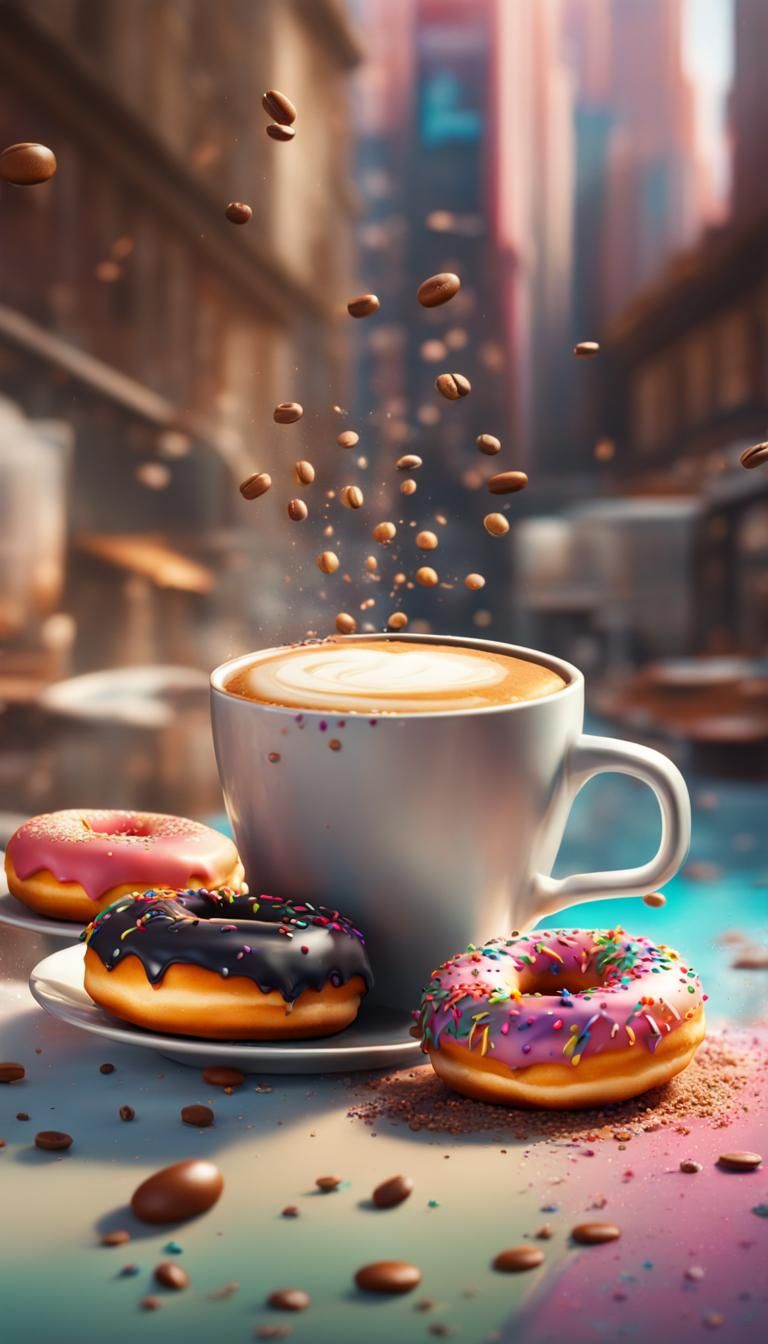 Hyperrealistic Coffee and Donuts in Splash Art Style