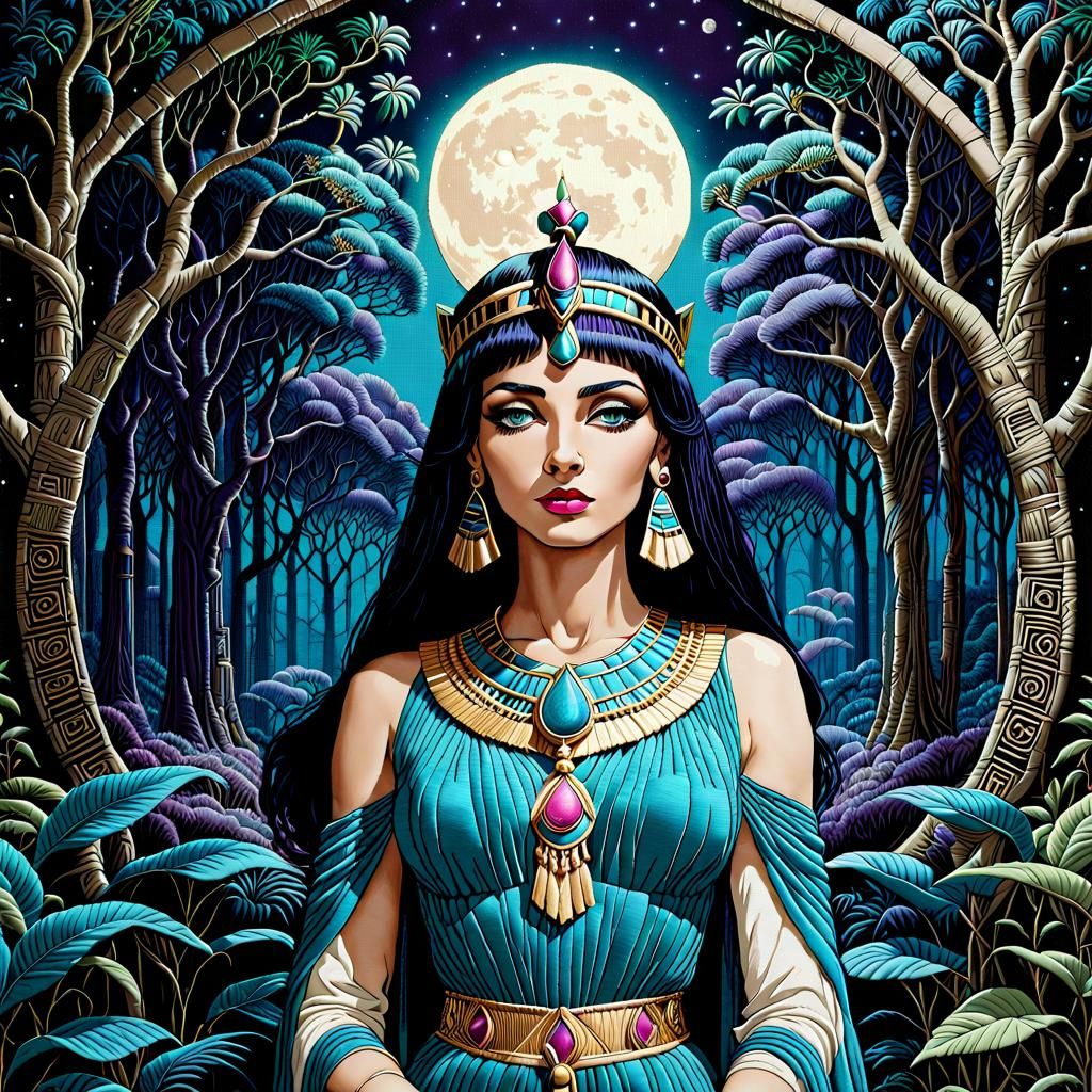 Cleopatra Tapestry in Moonlit Grove: Detailed Textile Art