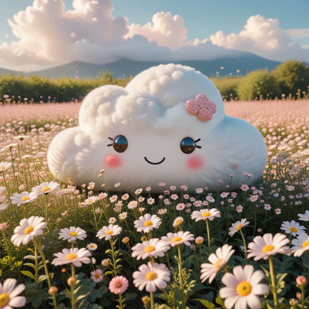 Kawaii Cloud Character Floating Over Pastel Flowers