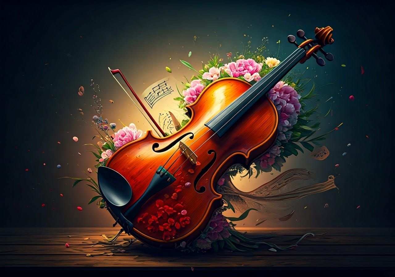 Surreal Violin Bouquet: Hyperrealistic Floral Arrangement