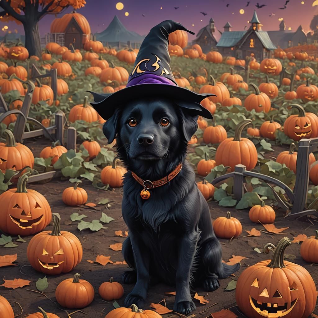 Whimsical Dog in Witch Hat with Ghost Pumpkin