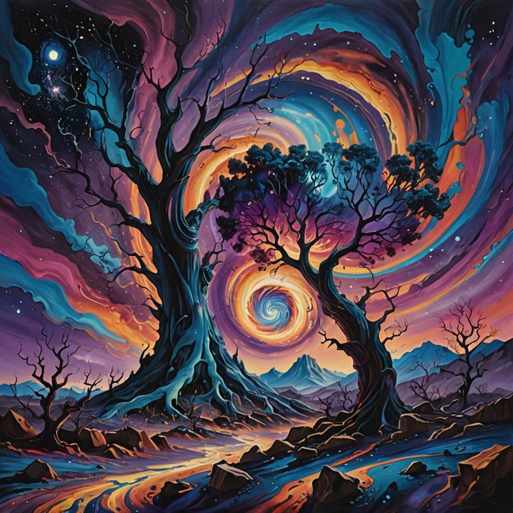 Surreal Vortex Consuming Landscape in Psychedelic Colors