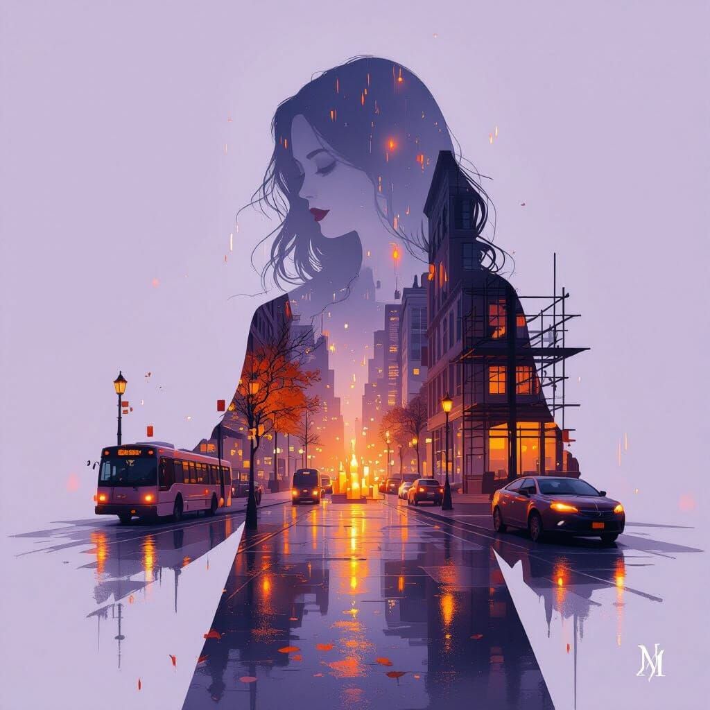 Transparent Silhouette of Woman Filled with Autumn City Rain