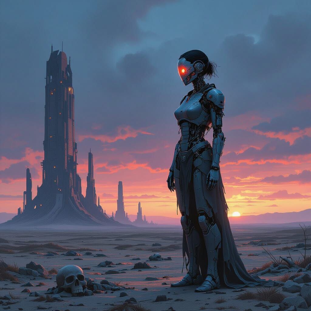 Cyborg on Windswept Plain in Dark Fantasy Style