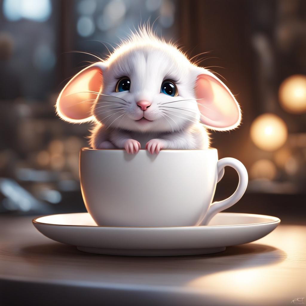 Chibi Anime Mouse in Coffee Cup Illustration