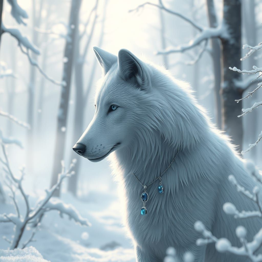 Ethereal White Wolf in Snowy Forest, Anime-Inspired 3D Art