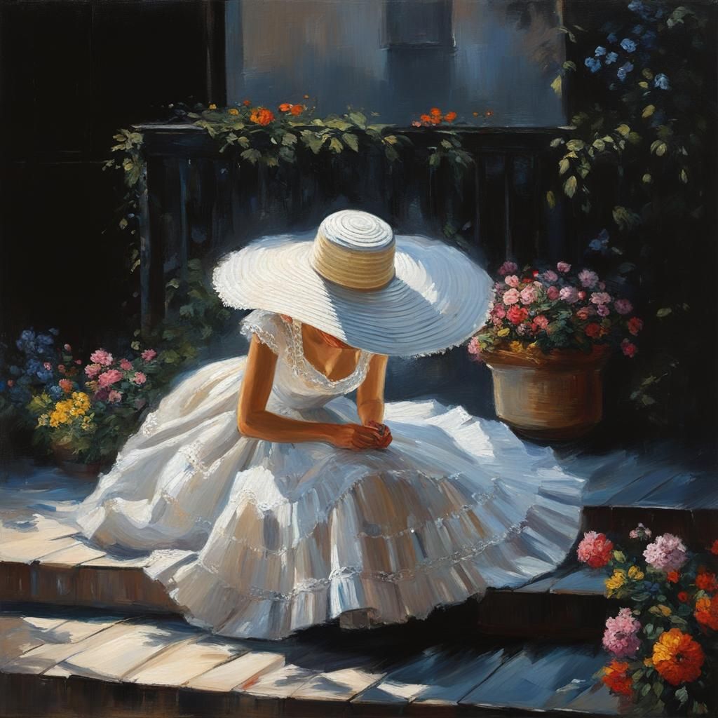 Girl Embroidering on Terrace in Rainy Impressionist Style