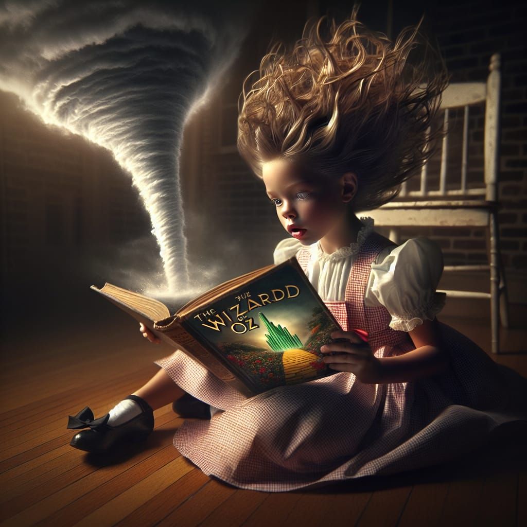Girl Reading Wizard of Oz with Tornado