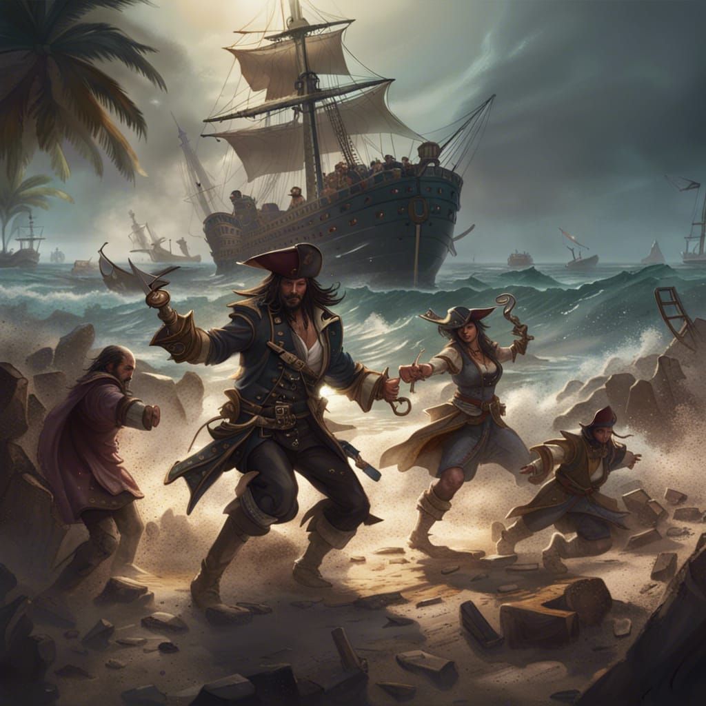 Pirates Battle on Beach: Dark Fantasy Art