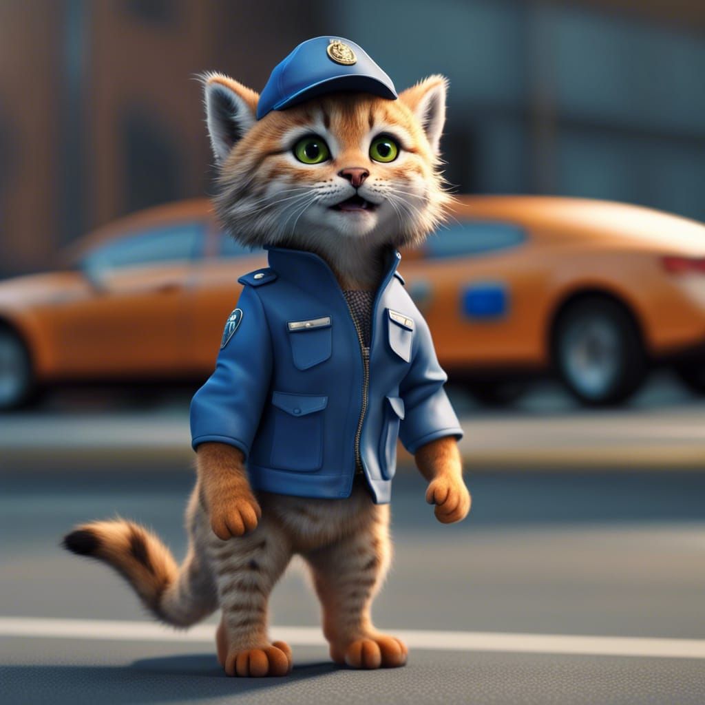 Anthropomorphic Lynx Kitten Arrest in a Realistic CGI Movie