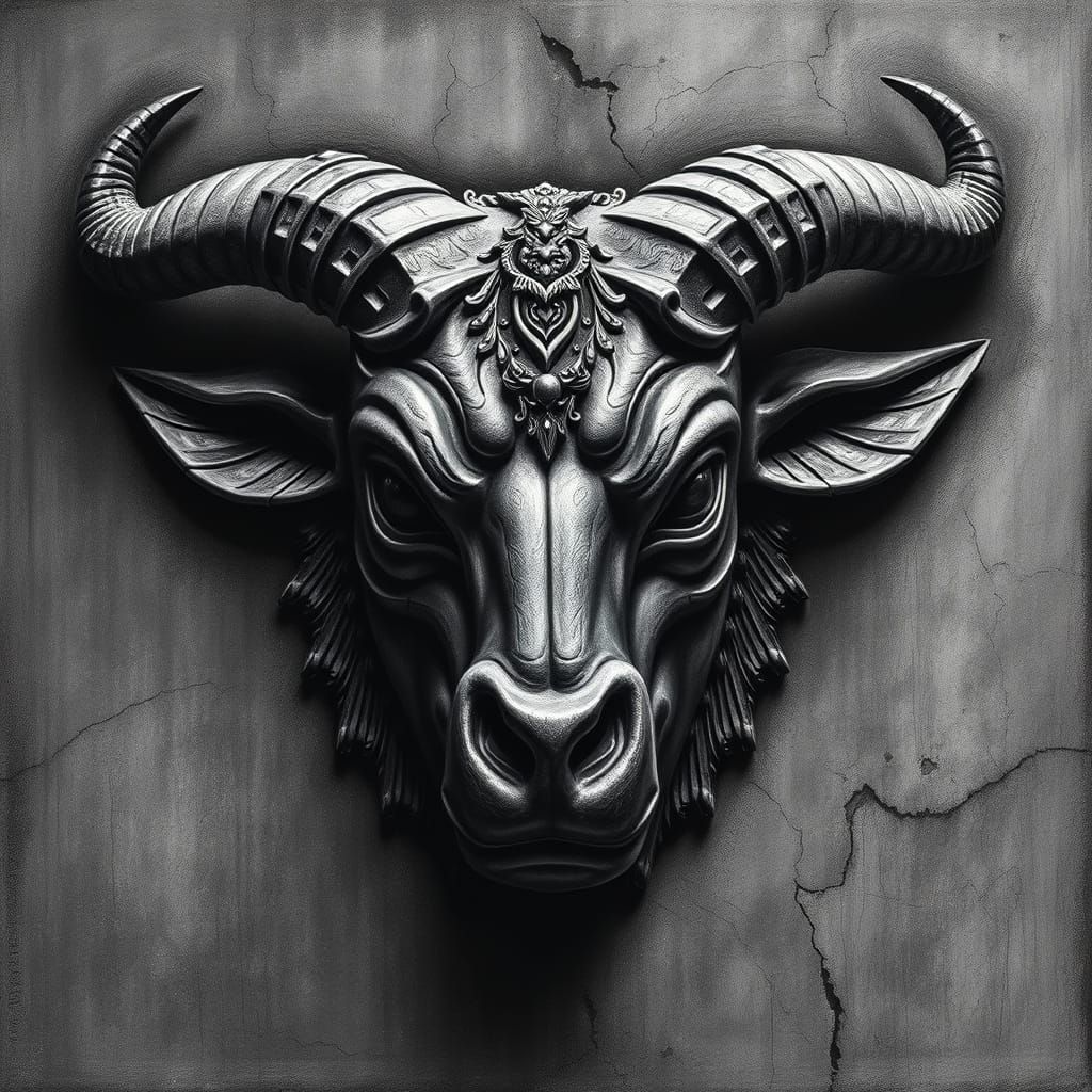 Hyper-Realistic Taurus Mask Charcoal Drawing in Expressive S...