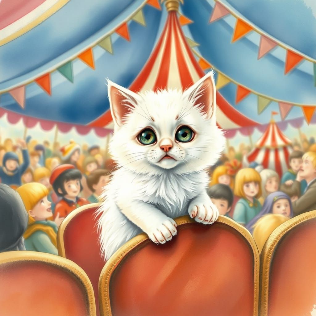 Whimsical Watercolor Kitten at the Circus