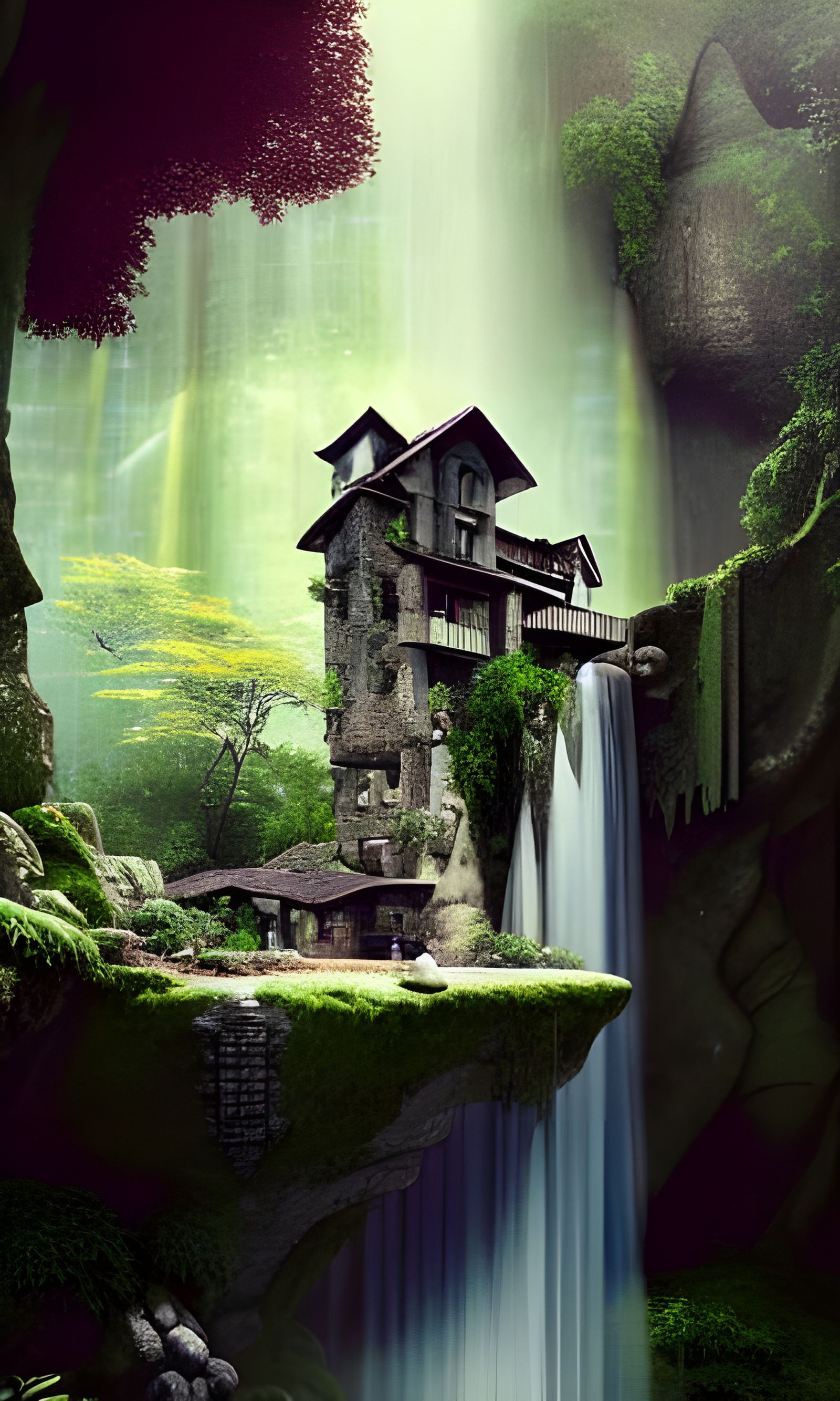 Magical Stone House Integrated into Waterfall: 3D Digital Ar...