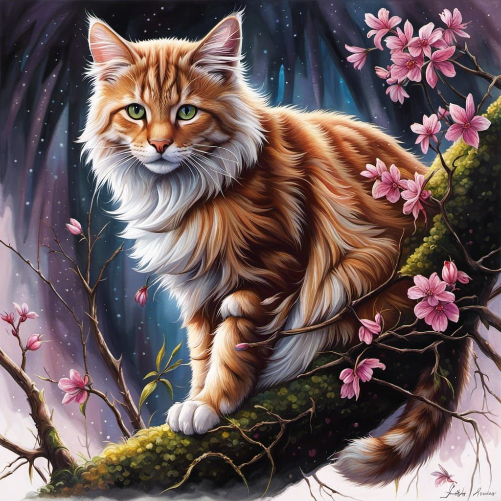 Fantasy Cat in Flower Storm, Inspired Character Art