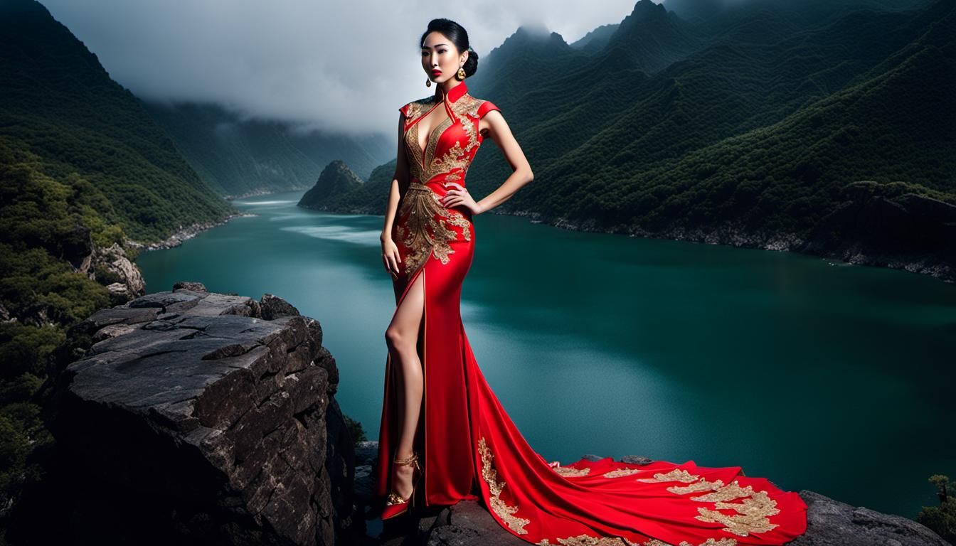 Asian Woman in Red Cheongsam with Biomechanical Wings