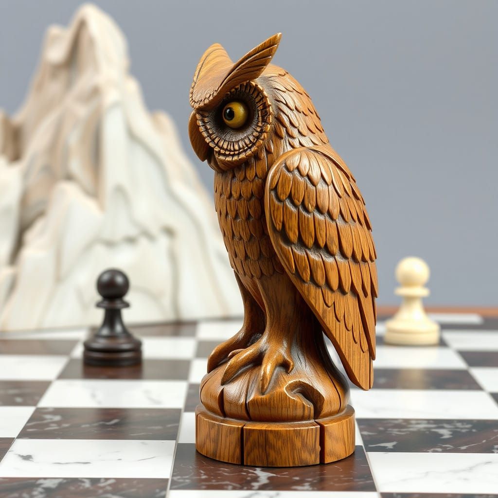 Chess Piece Carved Oak Owl on Marble Mountain Chessboard