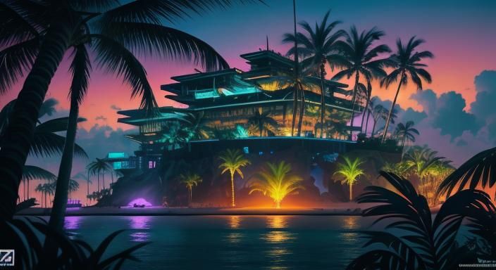 Cyberpunk Fortress on Tropical Beach at Sunset