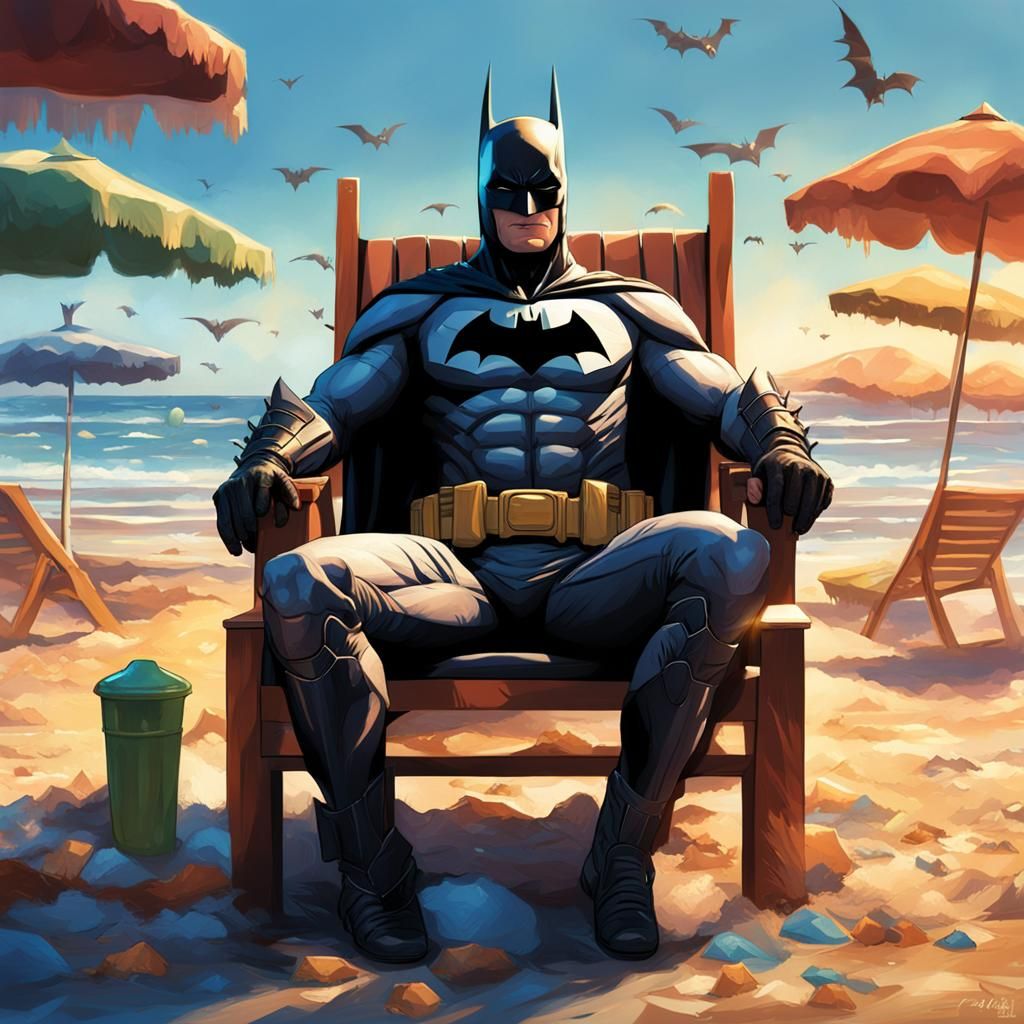 Batman Relaxing on Beach in Hyperrealistic Splash Art