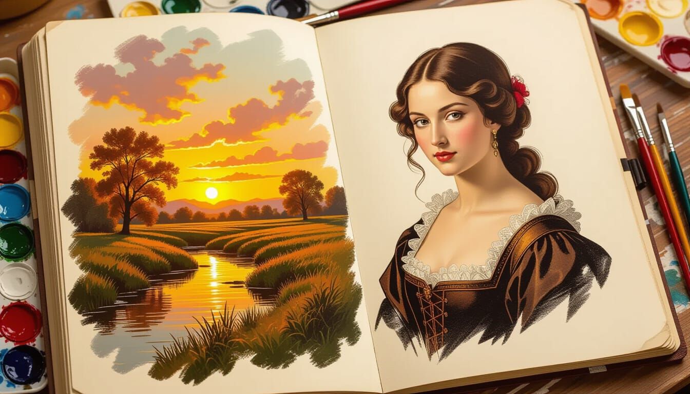 Renaissance Style Portrait of a Woman with Autumn Landscape