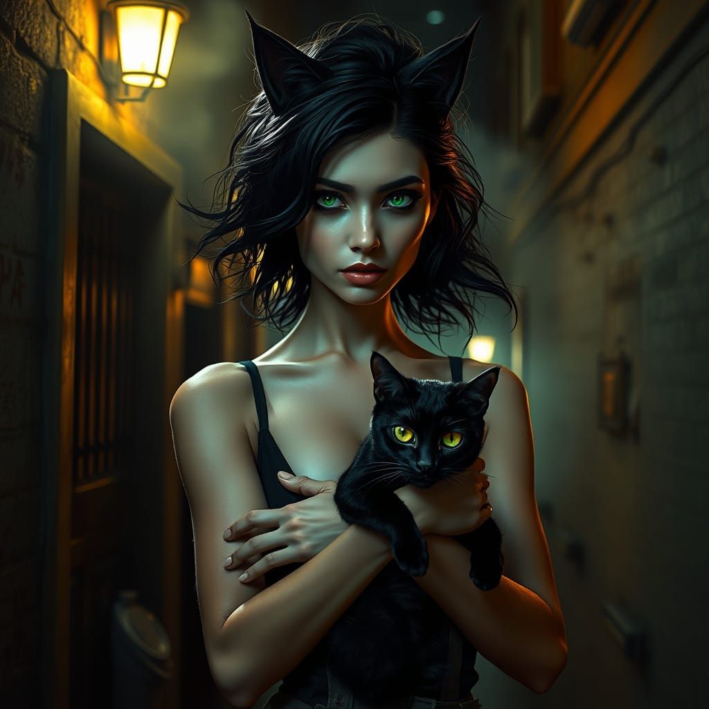 Mysterious Cat Woman in Film Noir Style