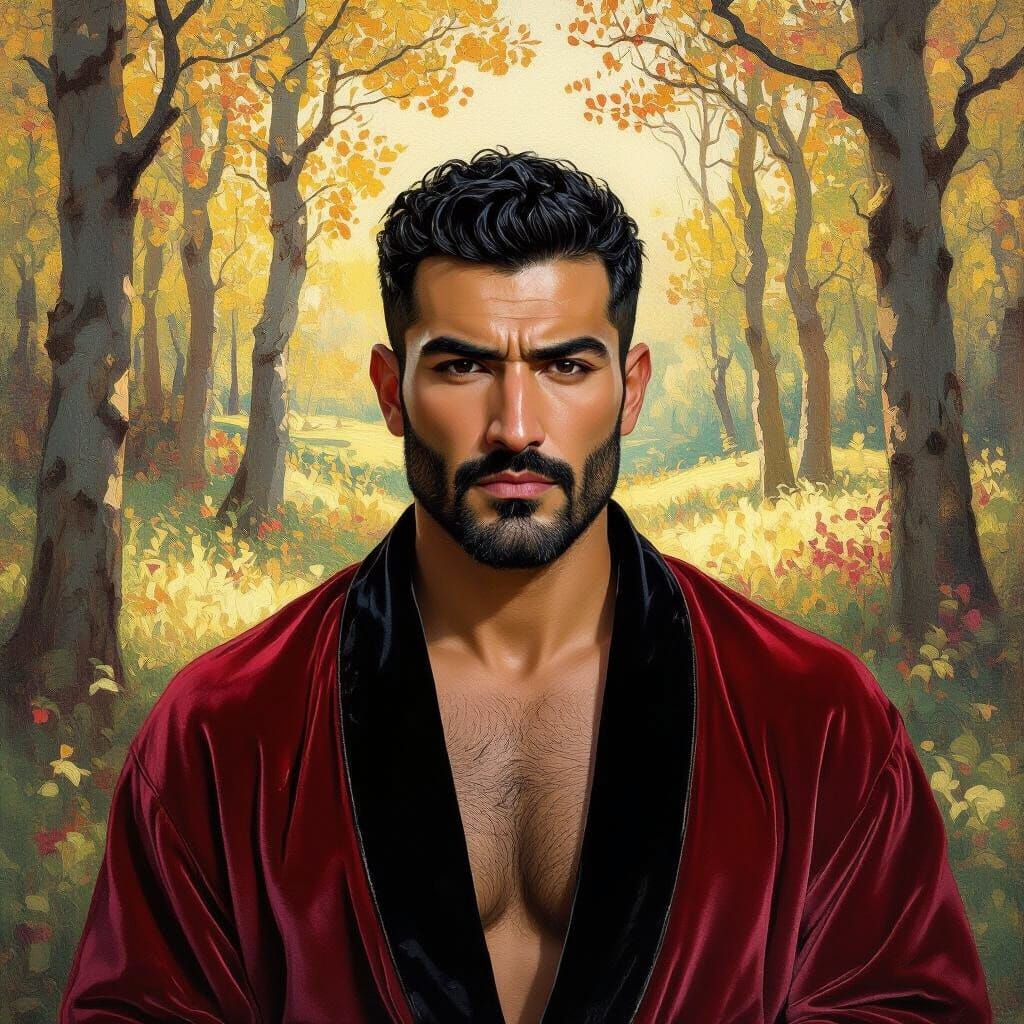 Wrathful Man in Forest: Impressionist Oil Painting