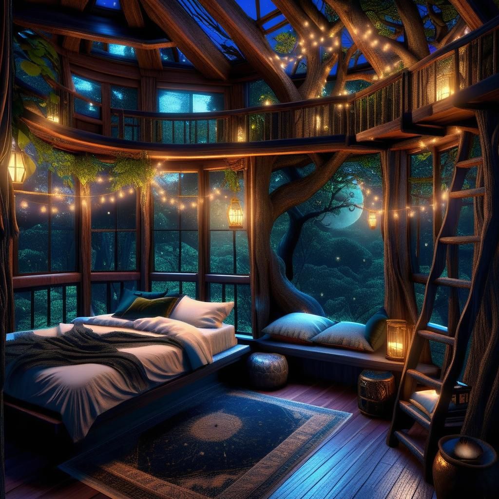 Fantasy Treehouse Bedroom at Midnight