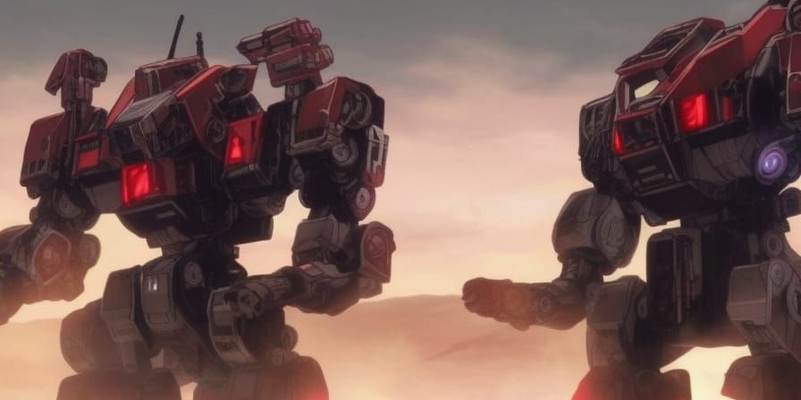 Detailed Battletech Mecha Robot in Retrofuturistic Battle Sc...