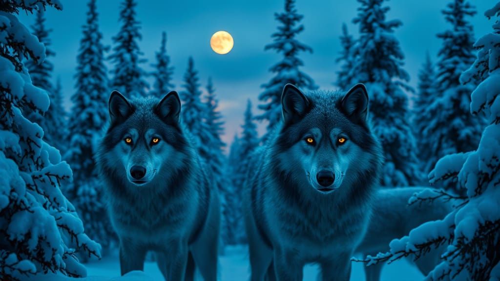 Gray Wolves in Snowy Forest at Dusk