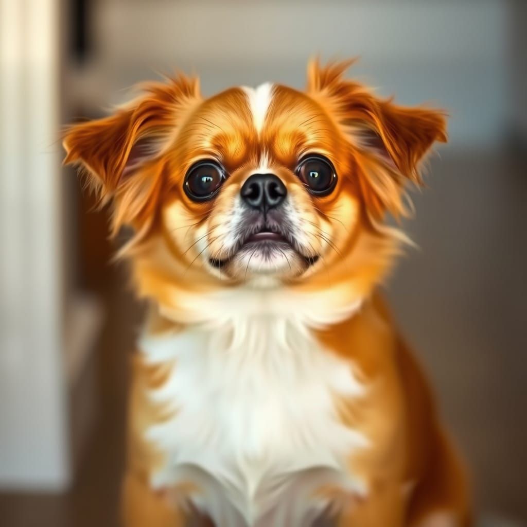 Golden Brown Japanese Chin Puppy Looks into the Camera