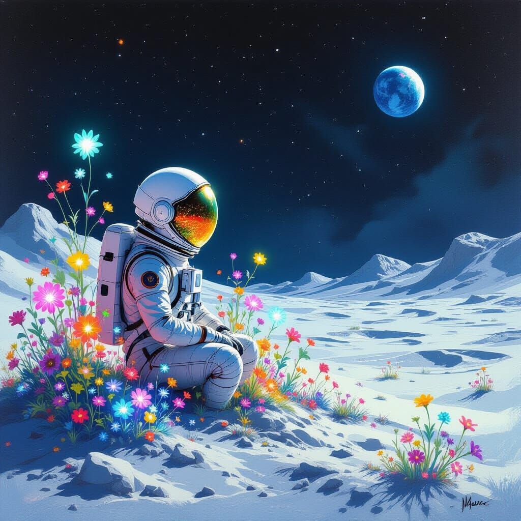 Astronaut Tends Bioluminescent Garden on Alien Moon